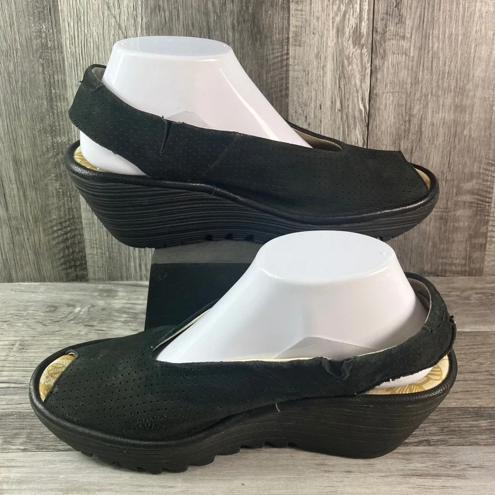 Fly London  Black Perforated Suede Wedge Sandals P500736016 EU 40 US 9-9.5